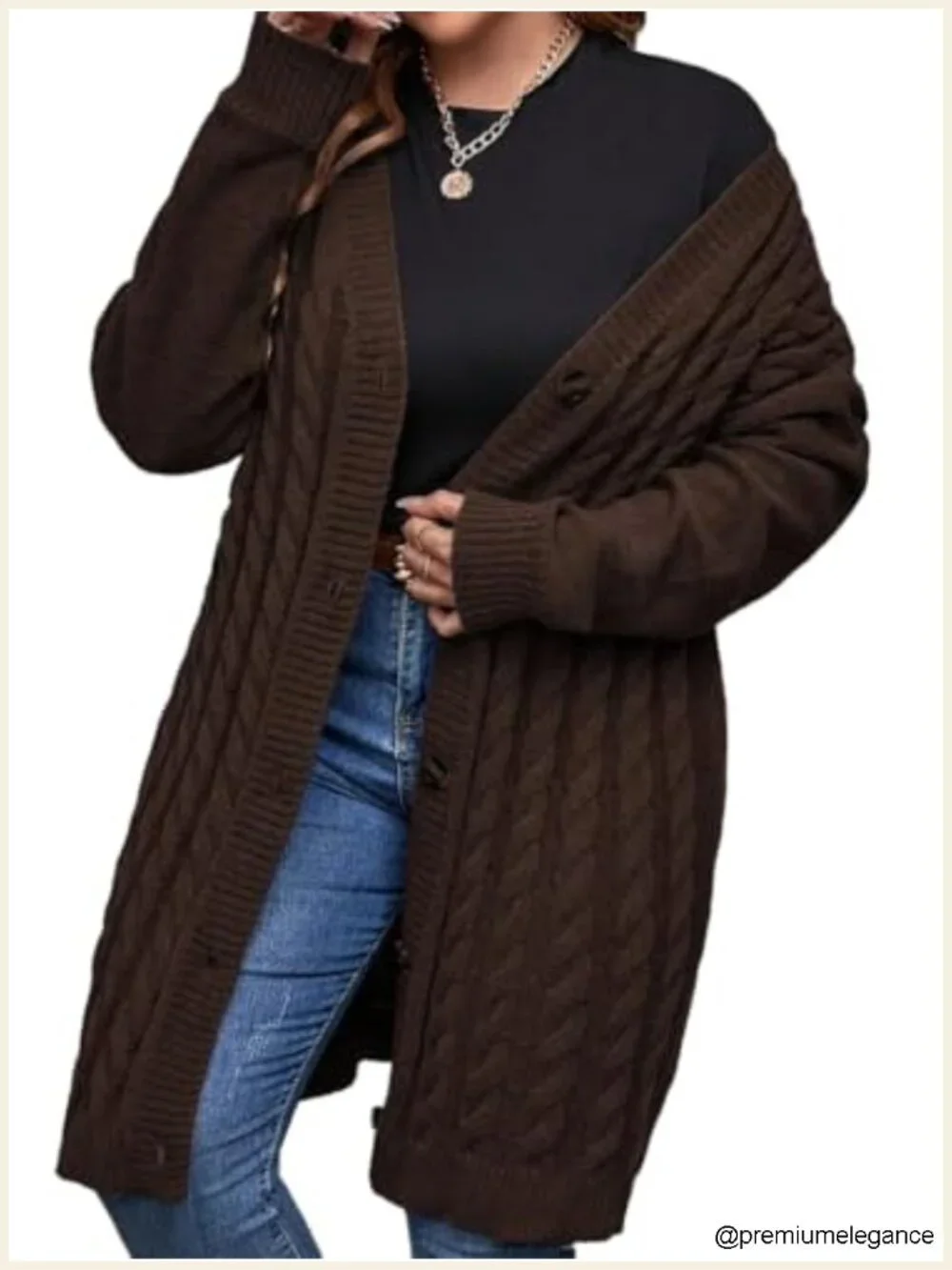 Cable Knit Long Cardigan Sweater, Button Front
